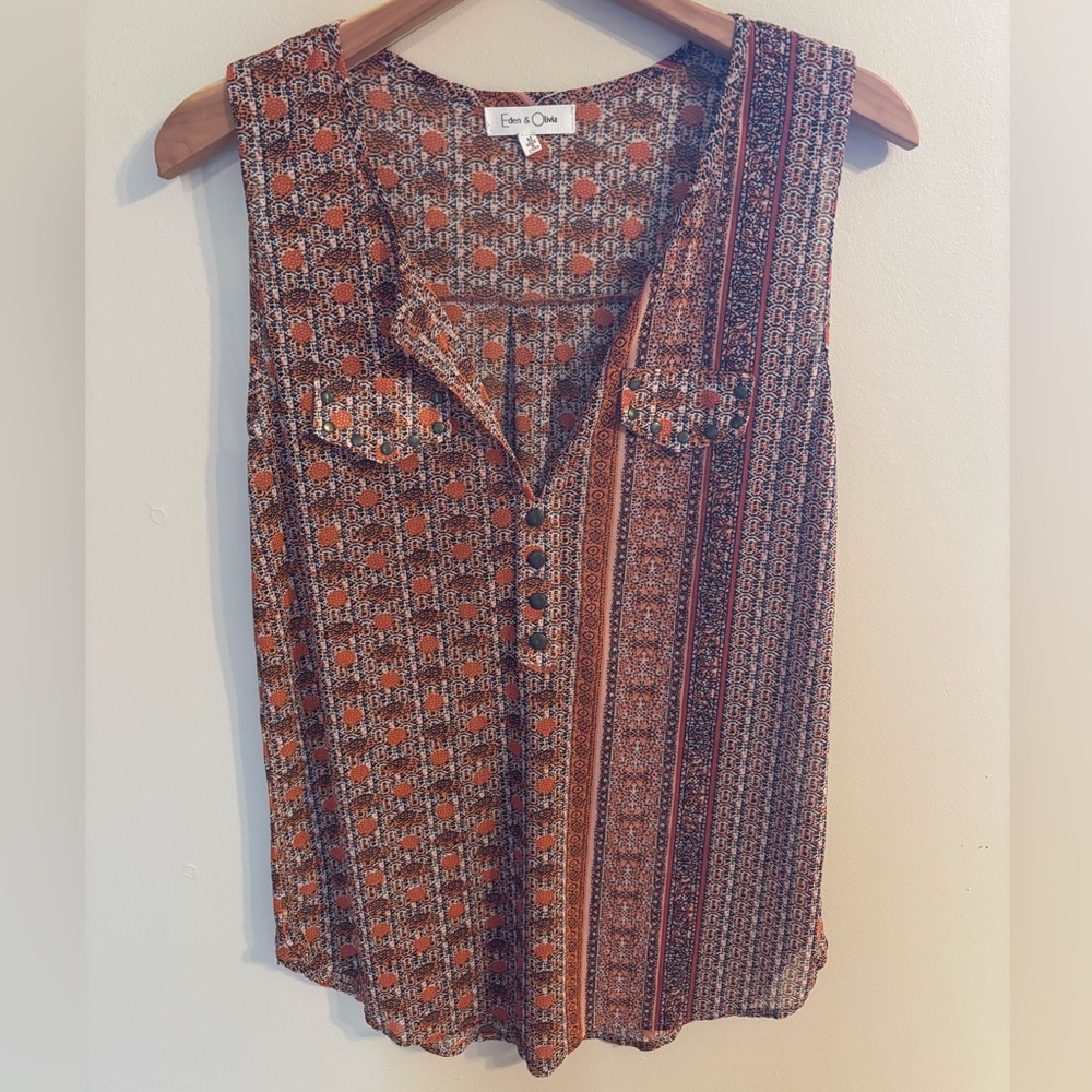 Anthropologie Eden & Olivia Rust Multi Printed Sleeveless Button-Front - Picture 2 of 7